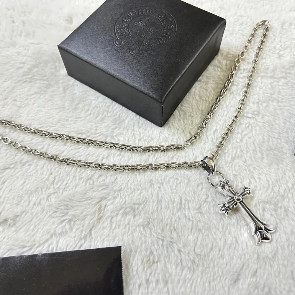 Chrome Hearts Silver Gothic Fleur Cross Pendant Necklace